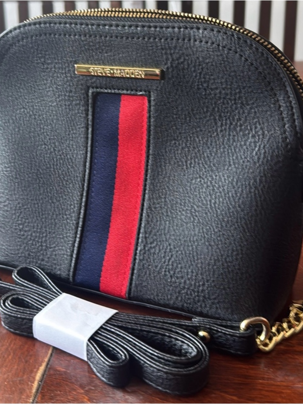 Black Women's Crossbody Bag with Red & Navy Stripe